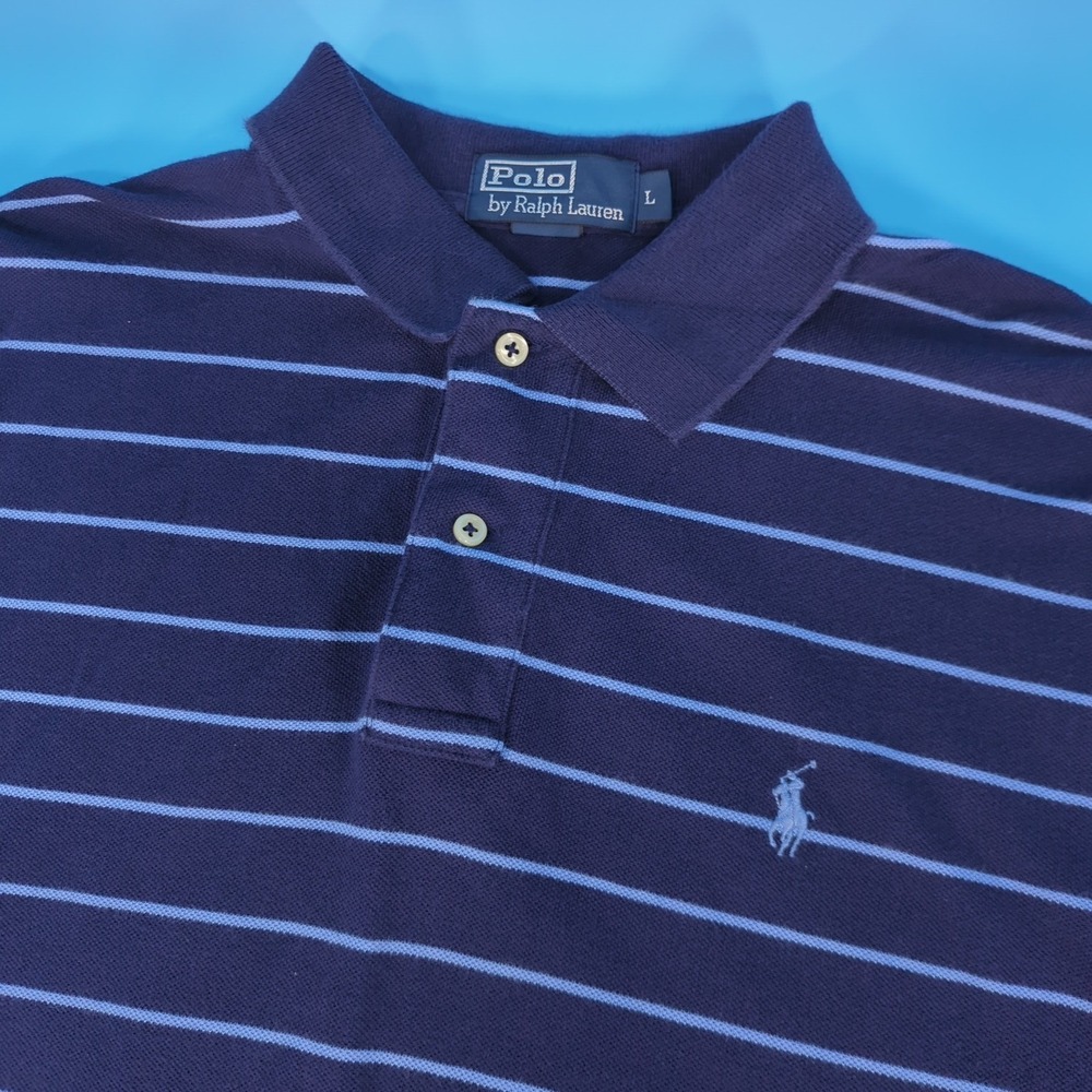 Polo Ralph Lauren Mens Large Navy Blue Striped Short Sleeve Polo Shirt